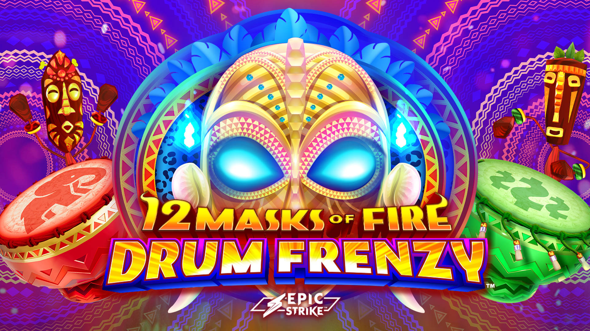 "12 Masks of Fire Drum Frenzy" spelautomat med masker och trummor.