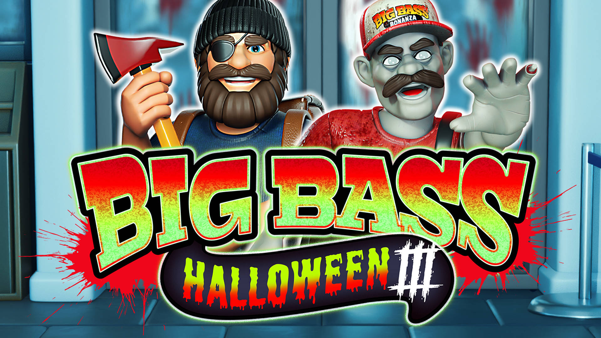 Big Bass Halloween slotspels logotyp med två animerade karaktärer.