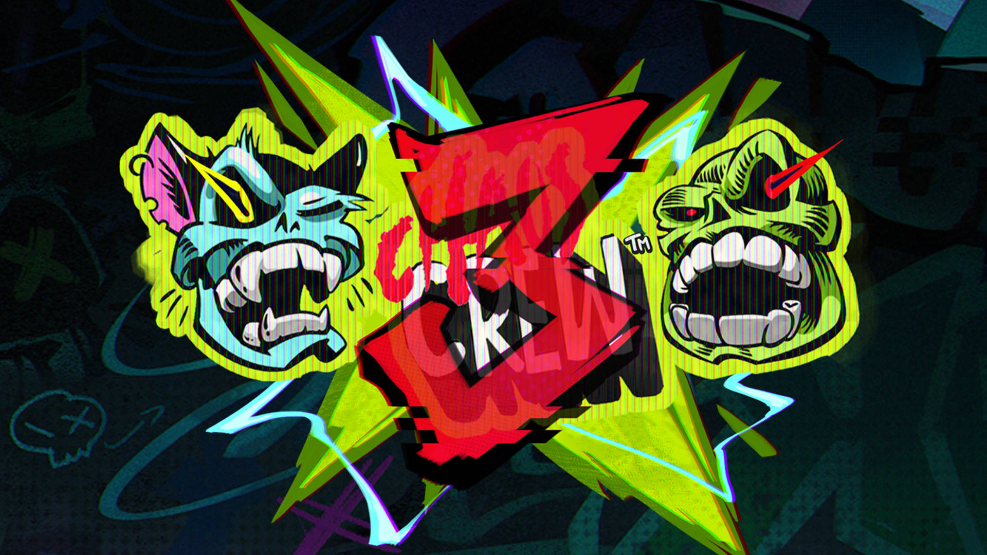Grafisk bild med stiliserade monster och texten "CREW".