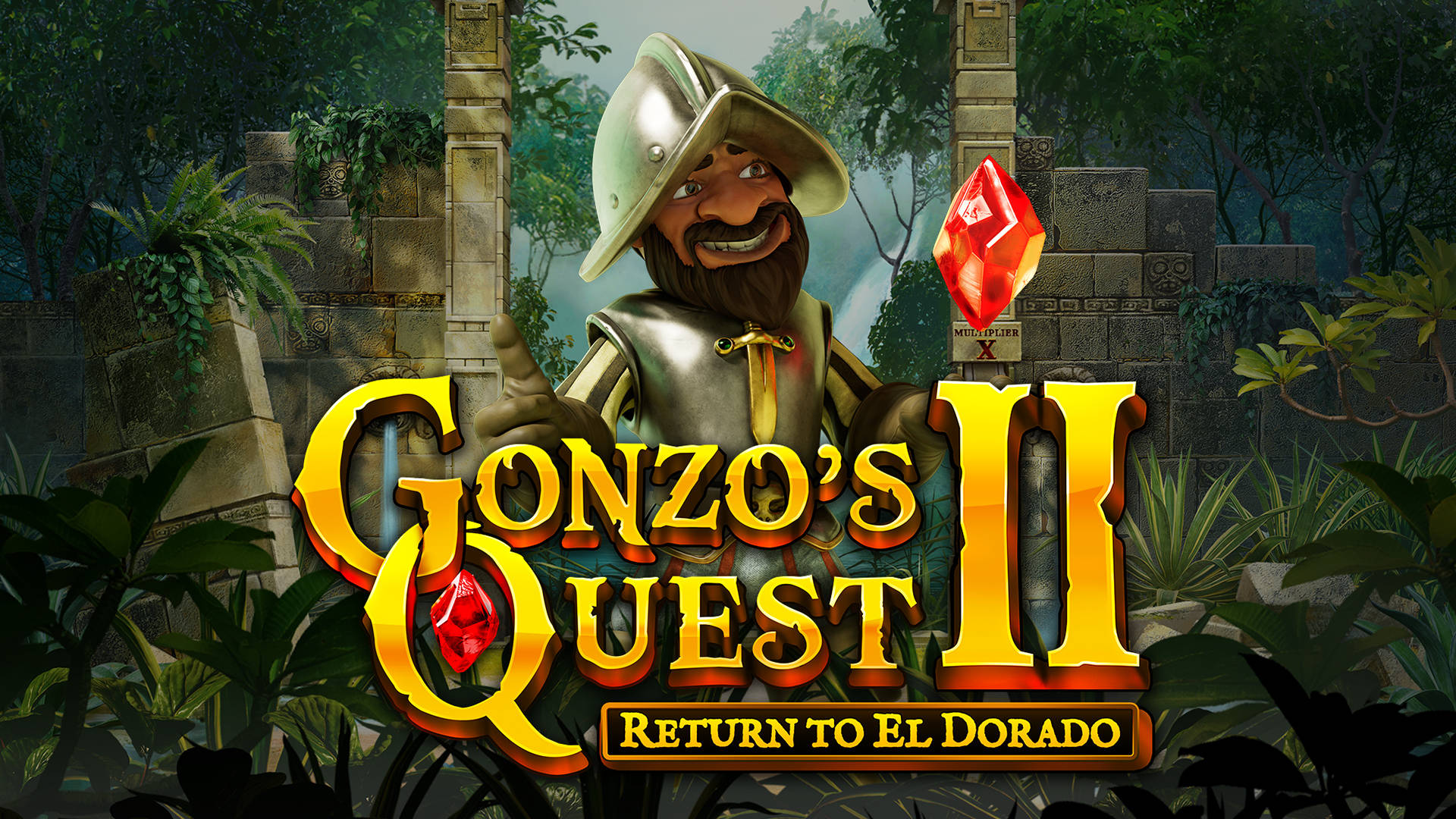 Gonzo's Quest II: Return to El Dorado logotyp med en animerad karaktär.