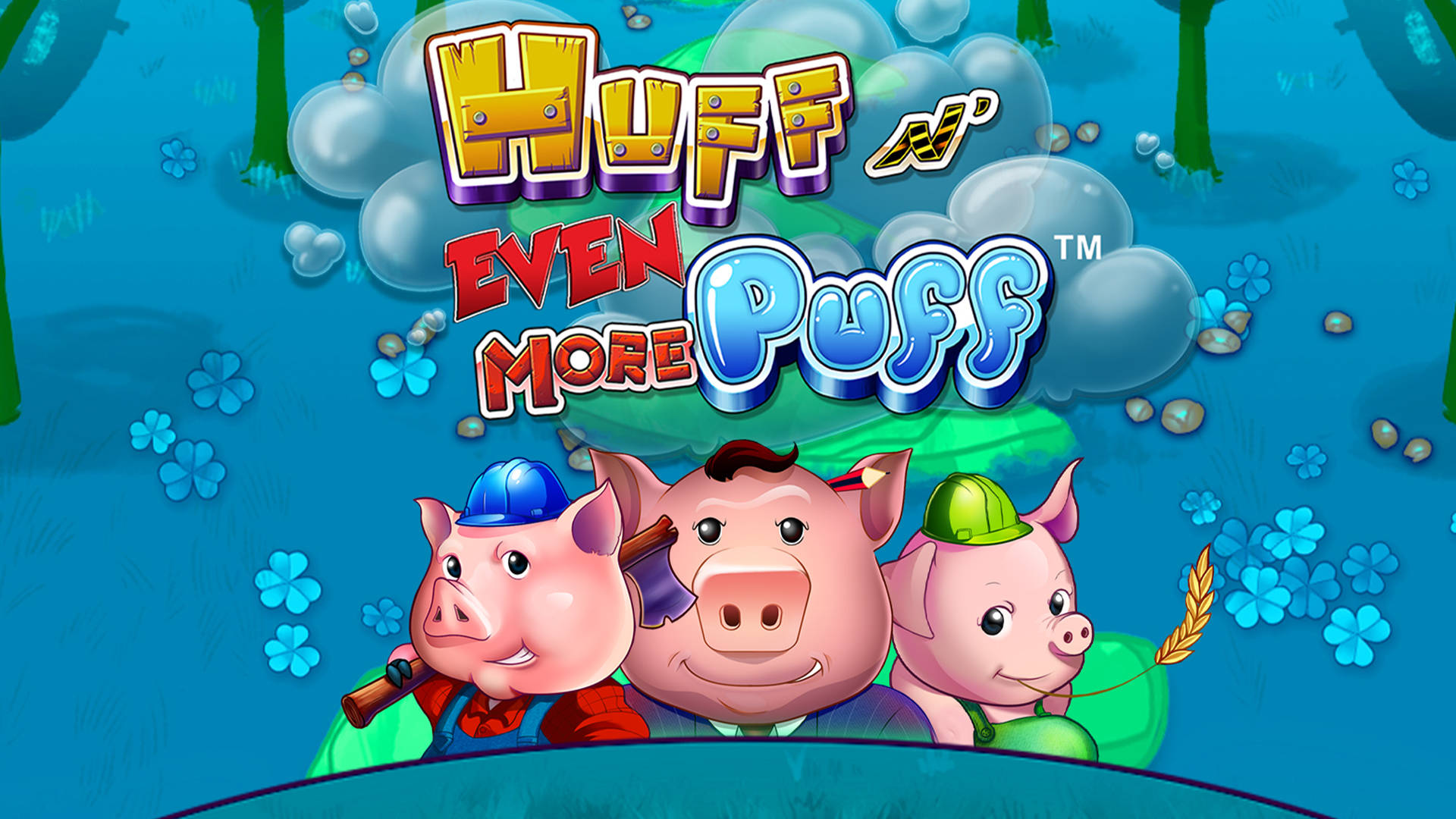 Huff N' Even More Puff-speltitel med tre grisar i en tecknad skogsmiljö.