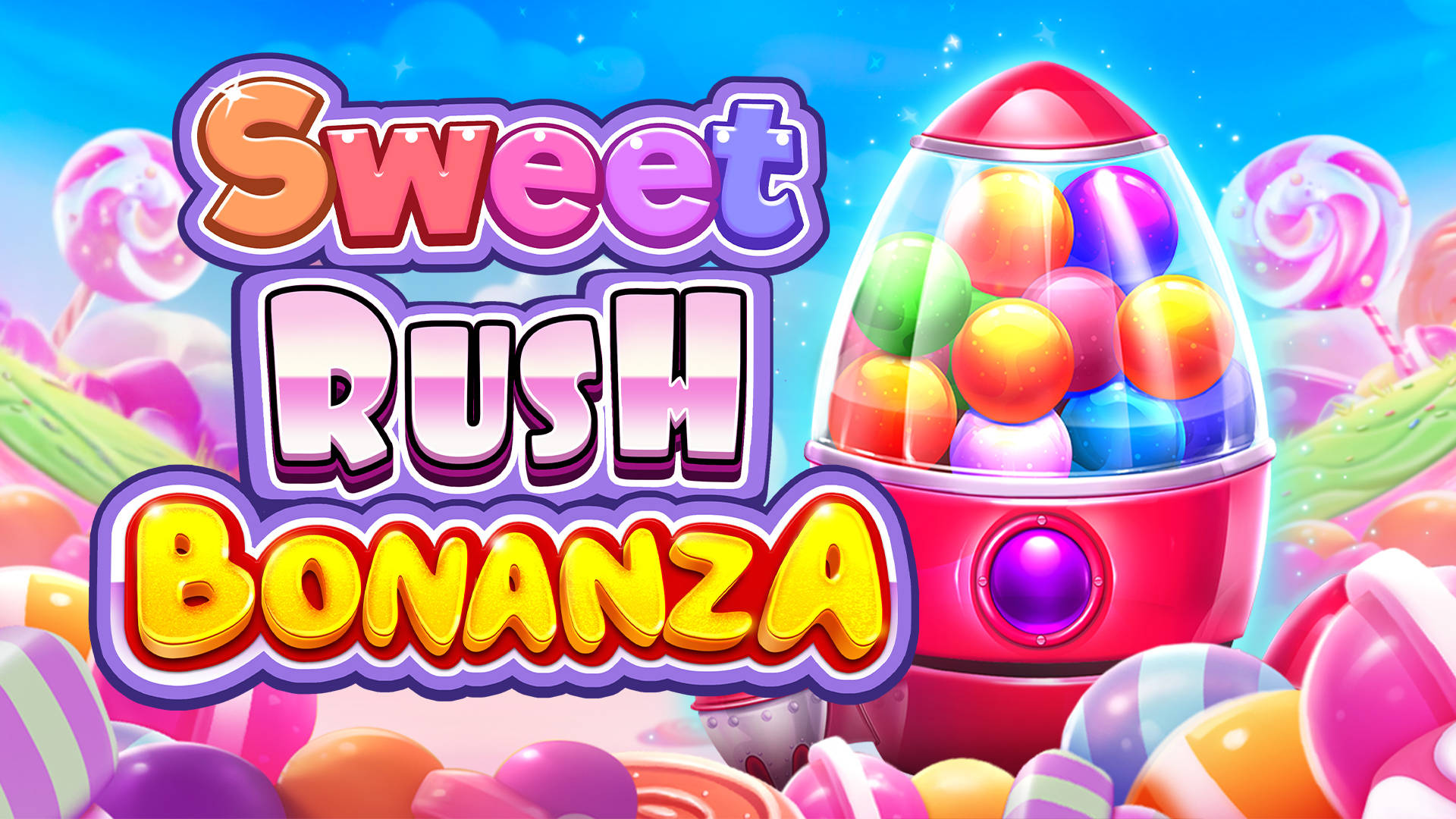 Sweet Rush Bonanza logotyp med godisautomat och färgglada godisar.