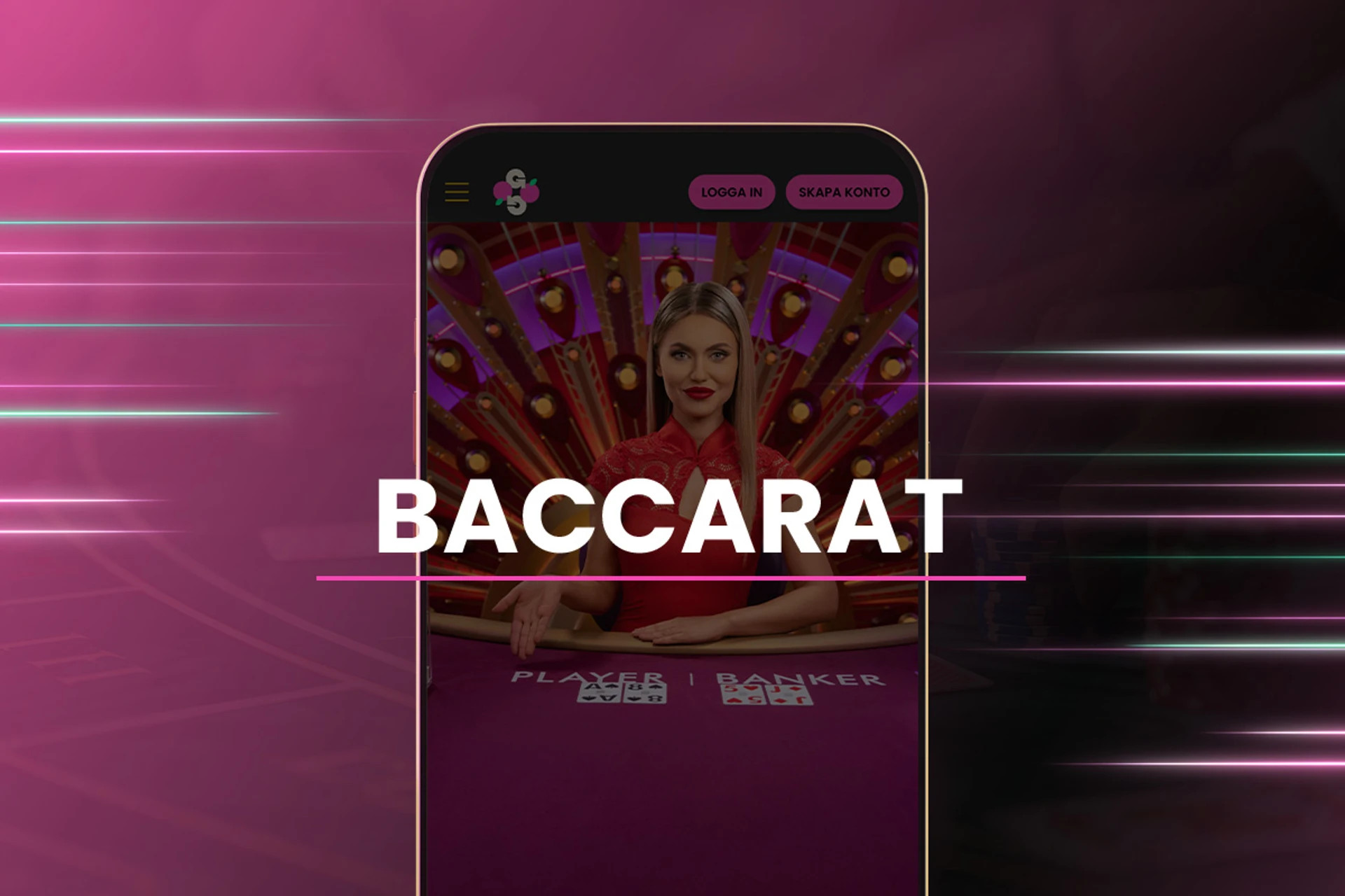 En mobiltelefon visar en Baccarat-dealer som delat ut kort till spelaren och banken.