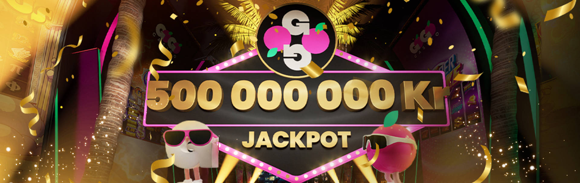 500 000 000 KR Jackpot-kampanj med animerade figurer och spelautomater.