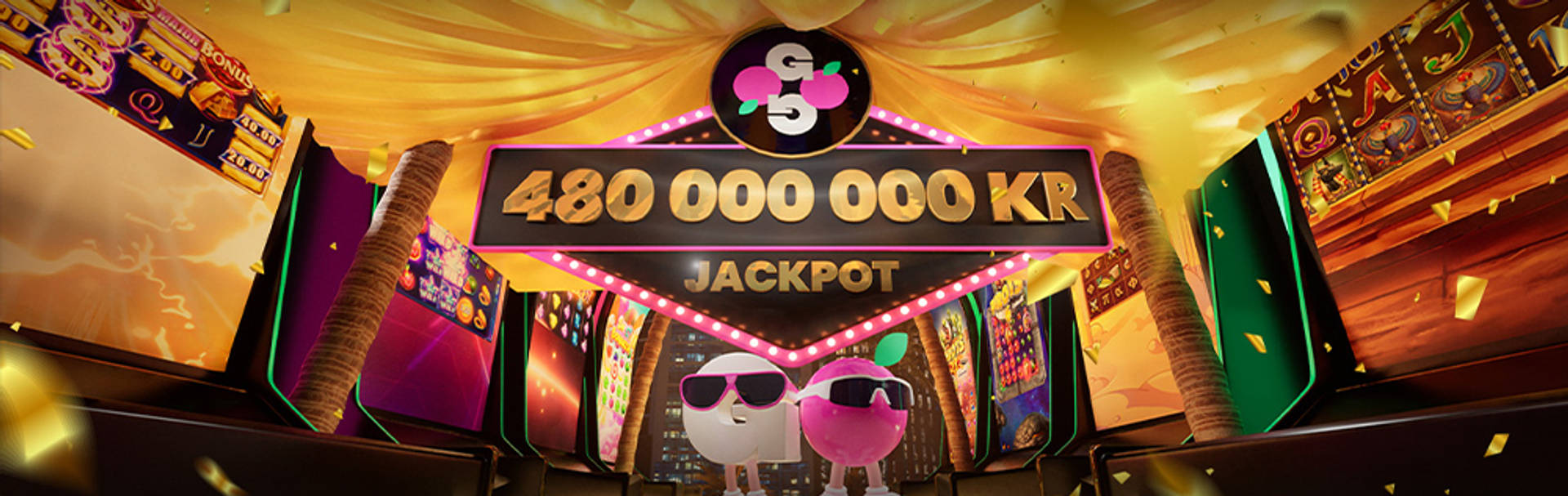 480 000 000 KR Jackpot-kampanj med animerade figurer och spelautomater.