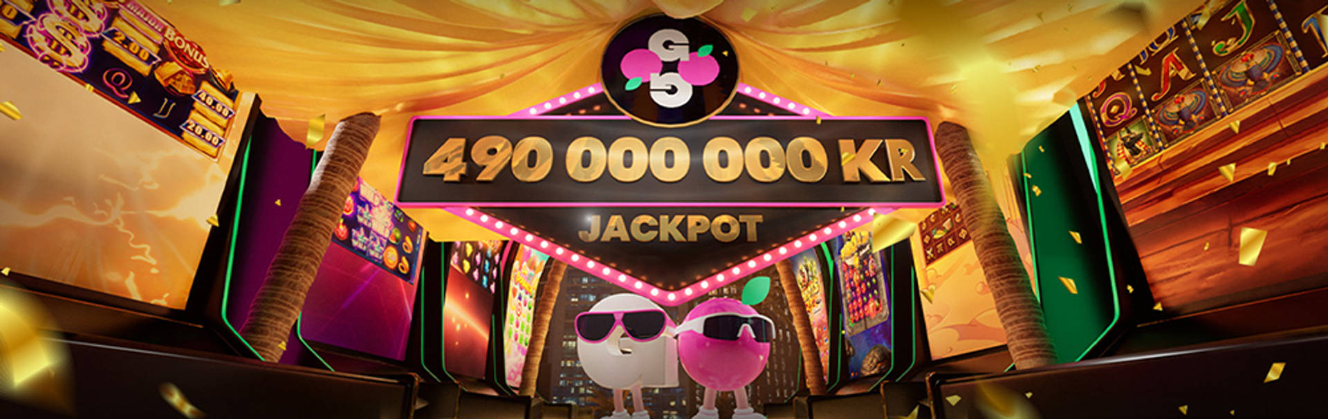 490 000 000 KR Jackpot-kampanj med animerade figurer och spelautomater.