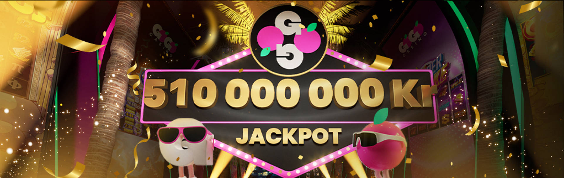510 000 000 KR Jackpot-kampanj med animerade figurer och spelautomater.