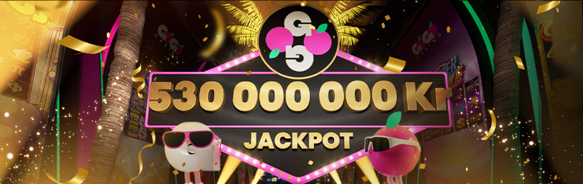 530 000 000 KR Jackpot-kampanj med animerade figurer och spelautomater.