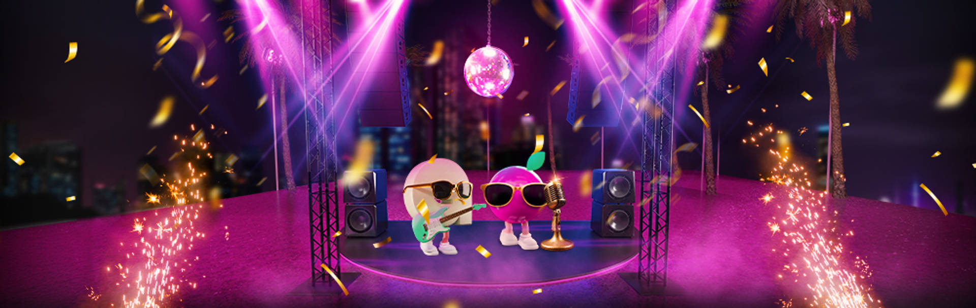 Scen med två animerade figurer, en med gitarr och en med mikrofon, under en discokula och konfetti.