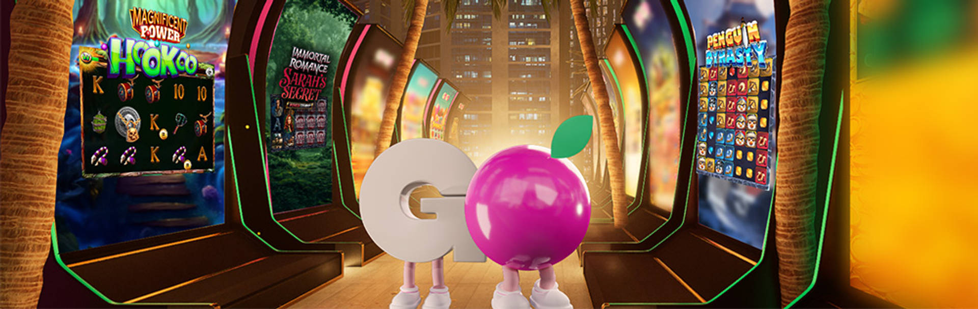 Olika spelautomater med GoGoCasino-logotypen i förgrunden.