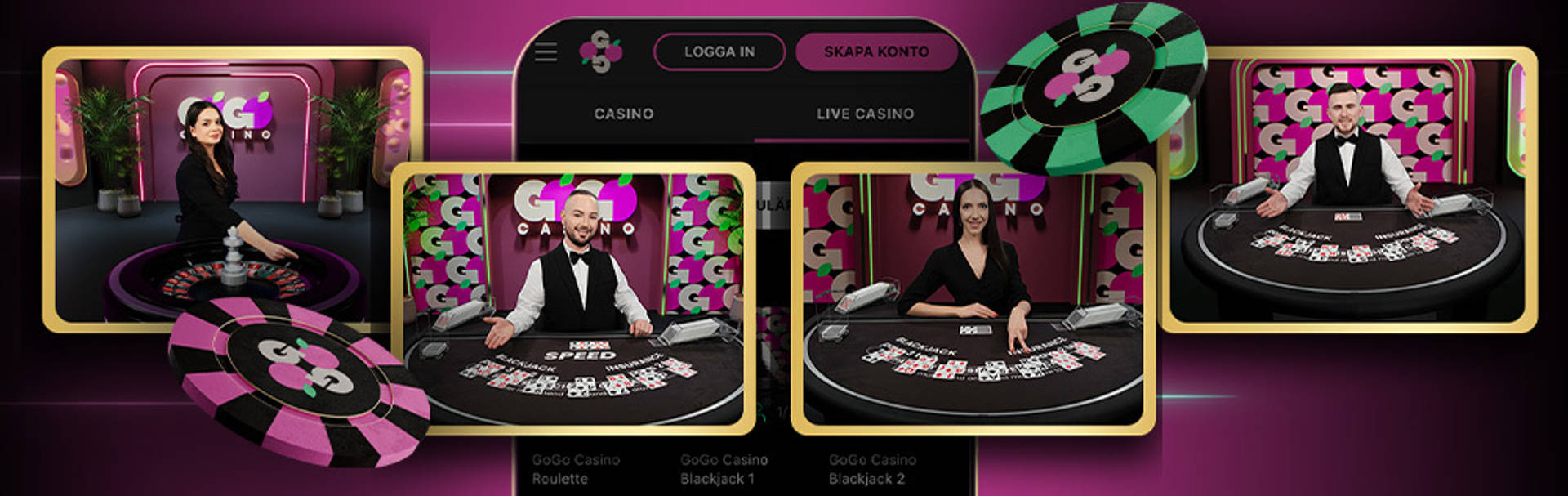 GoGoCasino live casino med roulette och blackjack-spel.