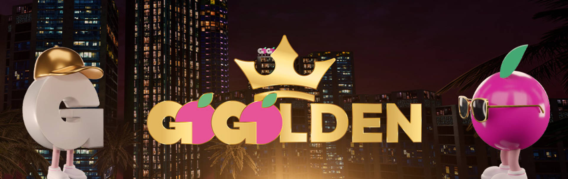 GoGoCasino logotyp med tecknade figurer mot en stadsbild i bakgrunden.