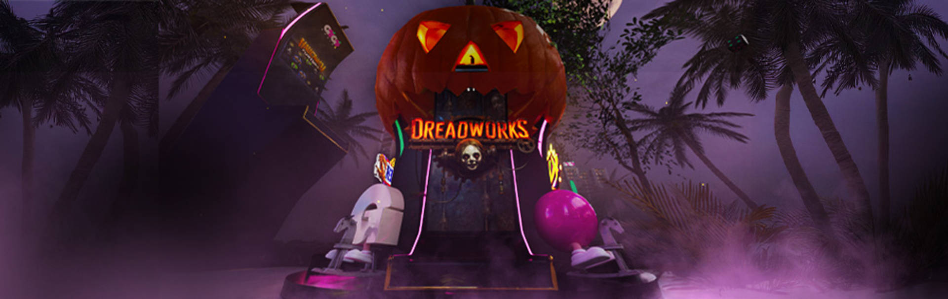 Halloween-tema med palmer, en pumpa och en spelautomat med texten "Dreadworks"