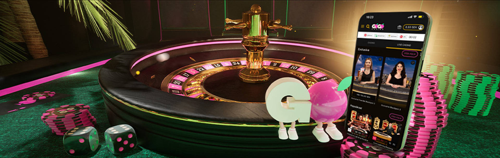 Kasinobord med roulett, tärningar, marker och en mobiltelefon som visar Live Casino.