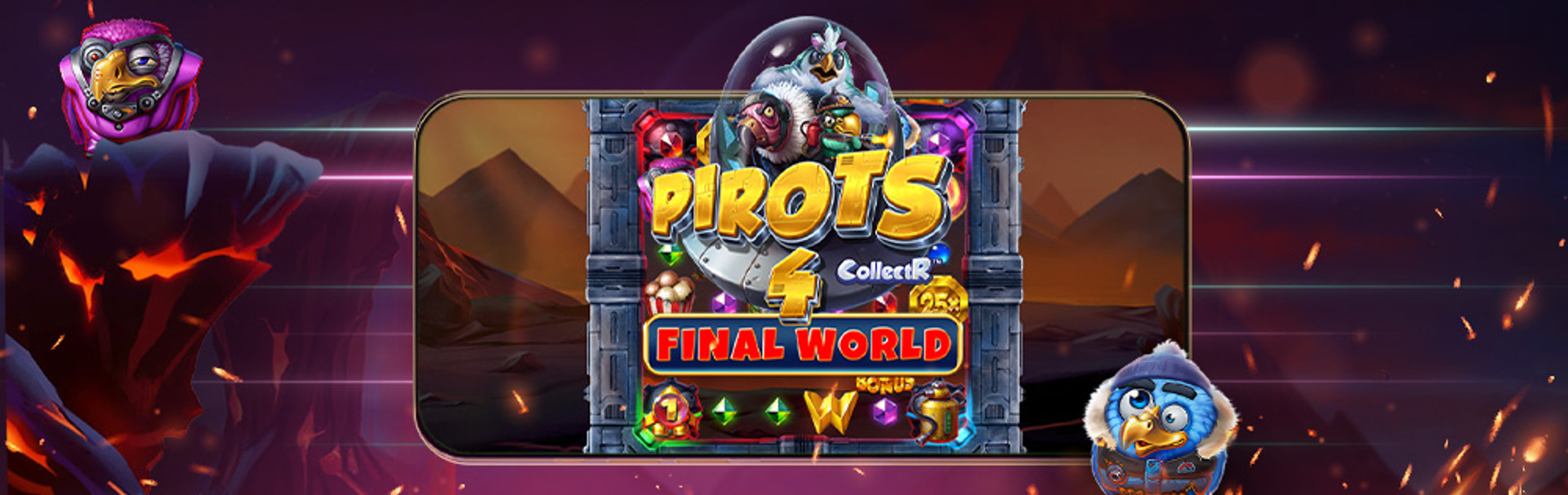 Skärmbild av spelet "Pirots 4 Final World" med animerade fåglar och bonusfunktioner.