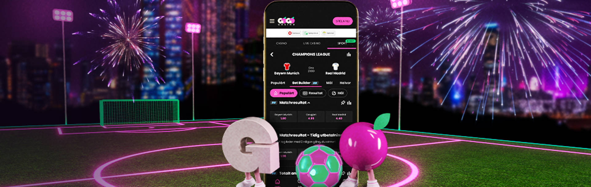 Mobilskärm visar Champions League med Bet Builder alternativ och matchresultat på en fotbollsplan med fyrverkerier.
