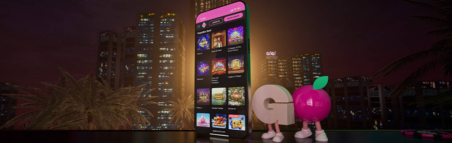 Mobil med populära spel och GoGoCasino-logotyp mot en nattlig stadsbild.