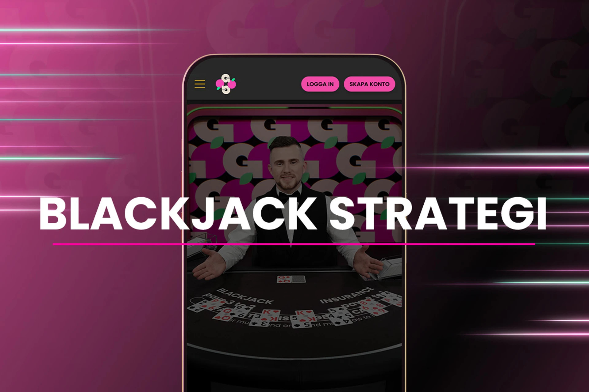 Banner som annonserar blackjackstrategi, med en mobil som visar en blackjackdealer som delar ut kort