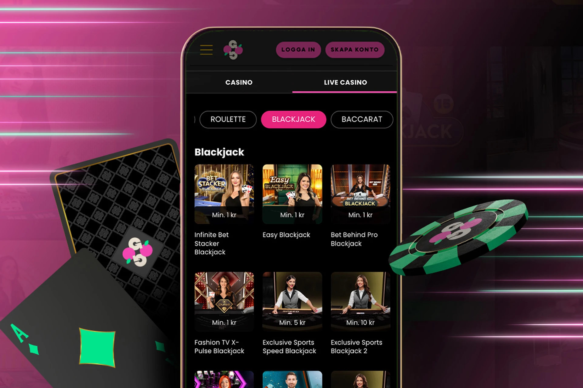 Banner för Blackjackguider, visar en mobiltelefon med blackjack-lobby, kort och marker.