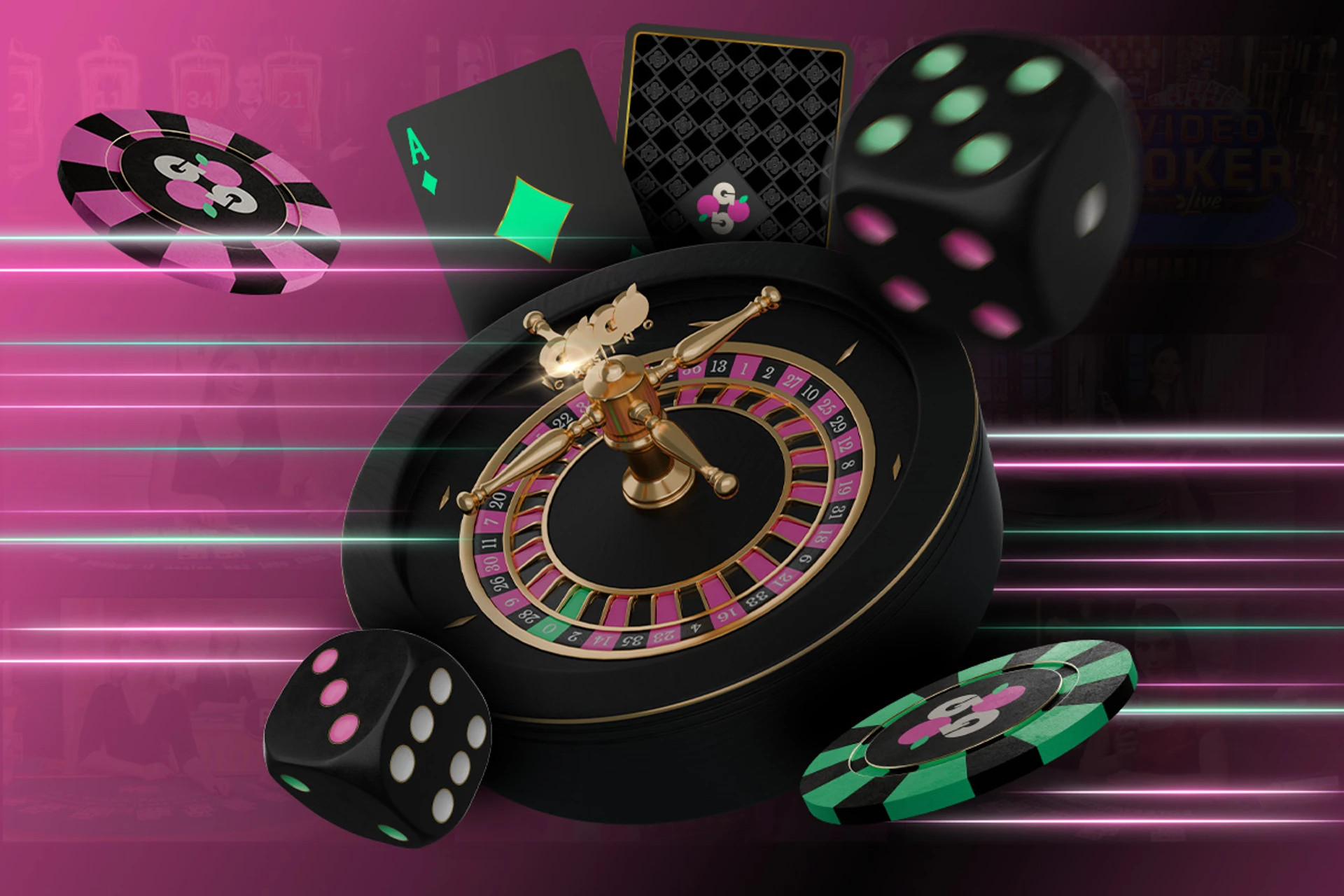 Banner för casinoguider, visar ett roulettehjul, tärningar och spelkort
