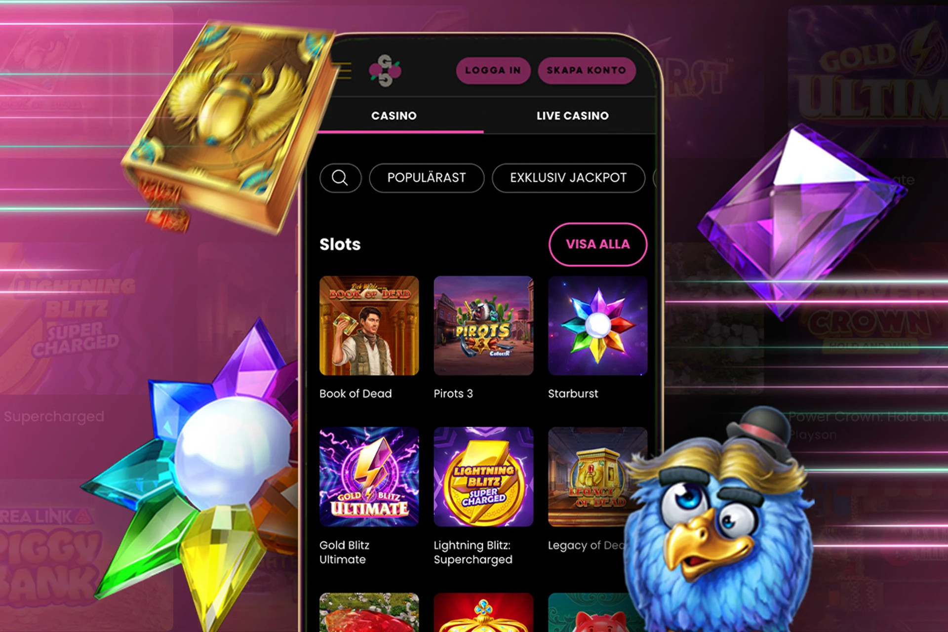 Banner för slotsguider, med en mobil som visar en slotslobby och symboler från populära slots.