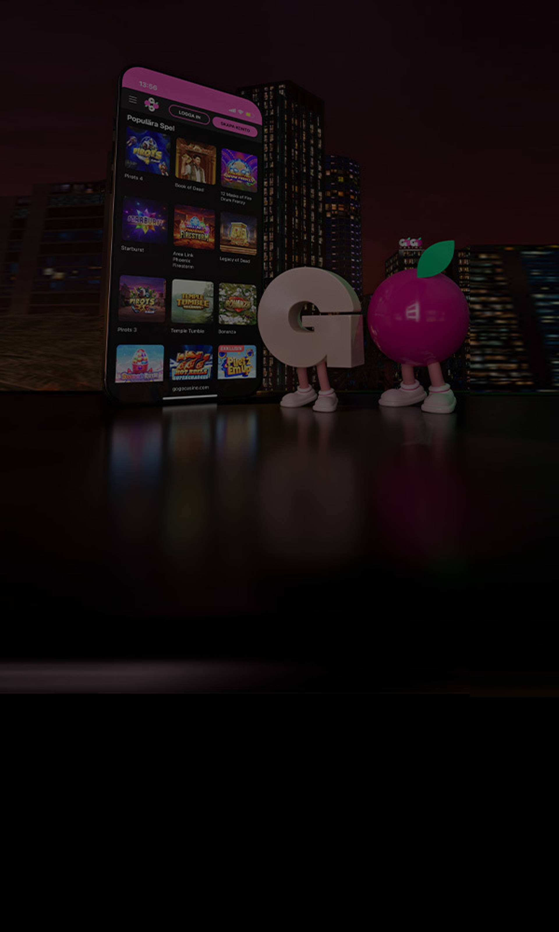 Mobiltelefon visar ett online casino med "Populära Spel" och en "GoGo" logotyp karaktär.