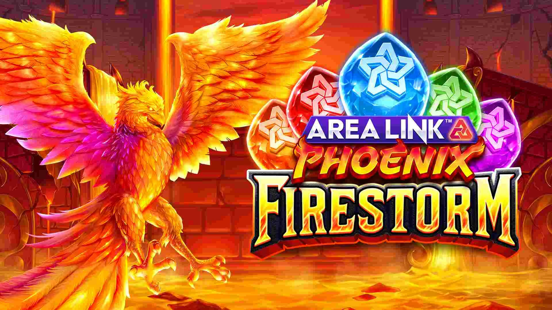 Area Link Phoenix Firestorm slot som visar en fenix fågel, spelsymboler och speltiteln