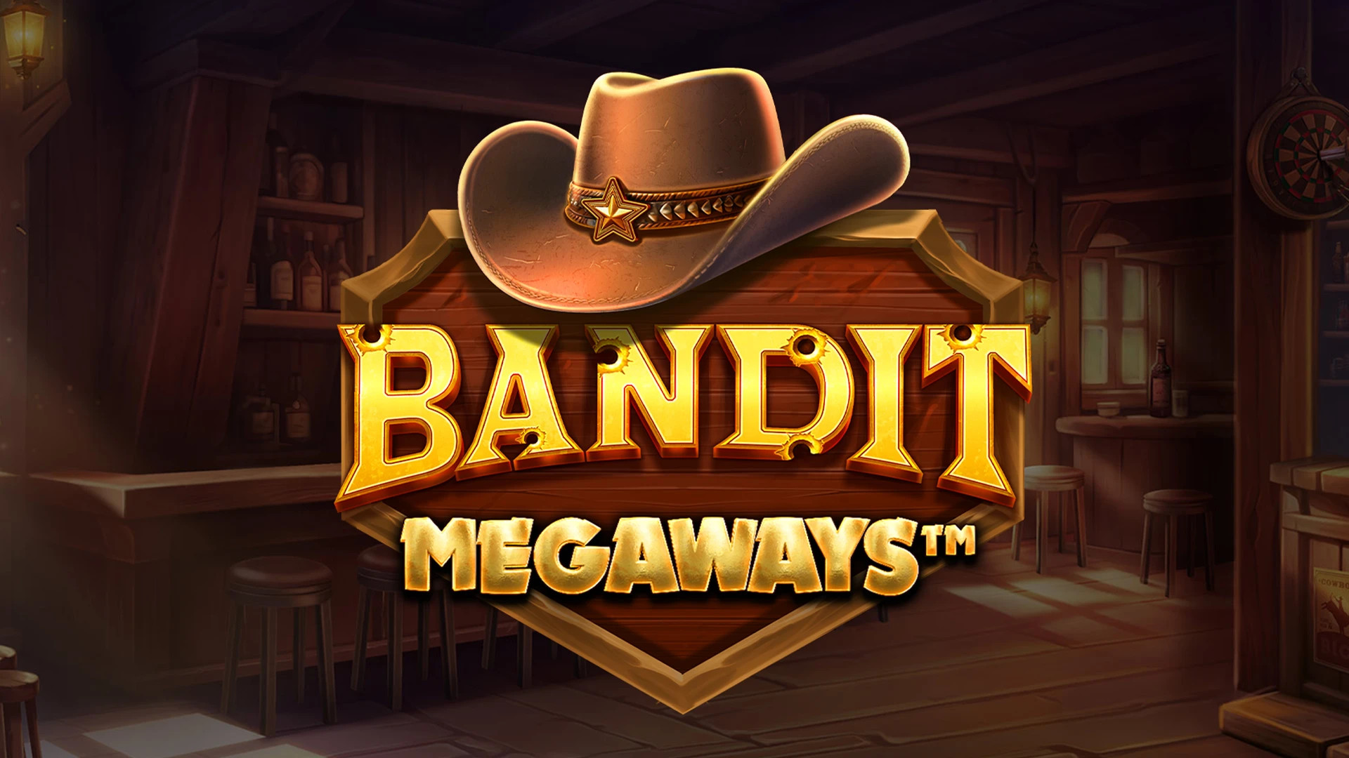 En cowboyhatt i förgrunden och en salong i bakgrunden, som representerar Bandit Megaways slot