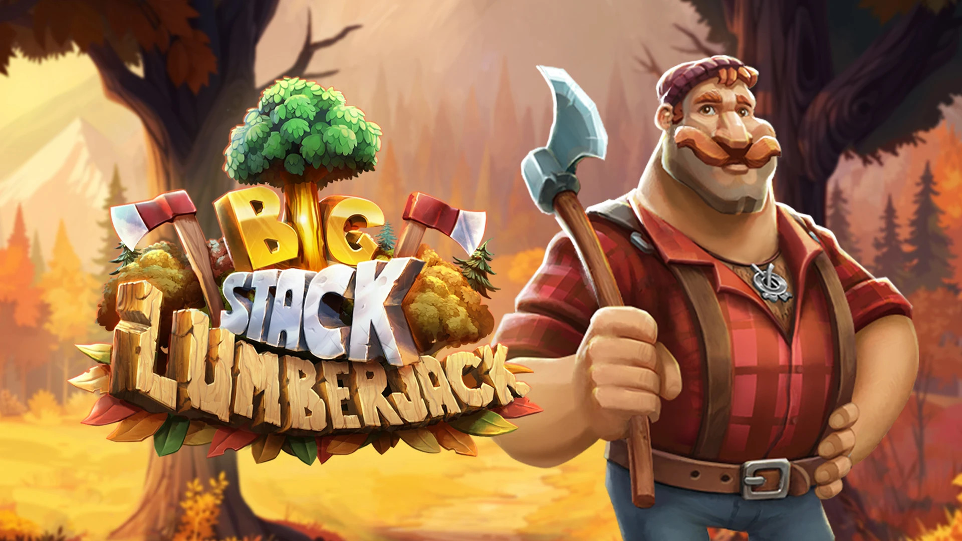 En skogshuggare i förgrunden och en skog i bakgrunden, som representerar Big Stack Lumberjack slot