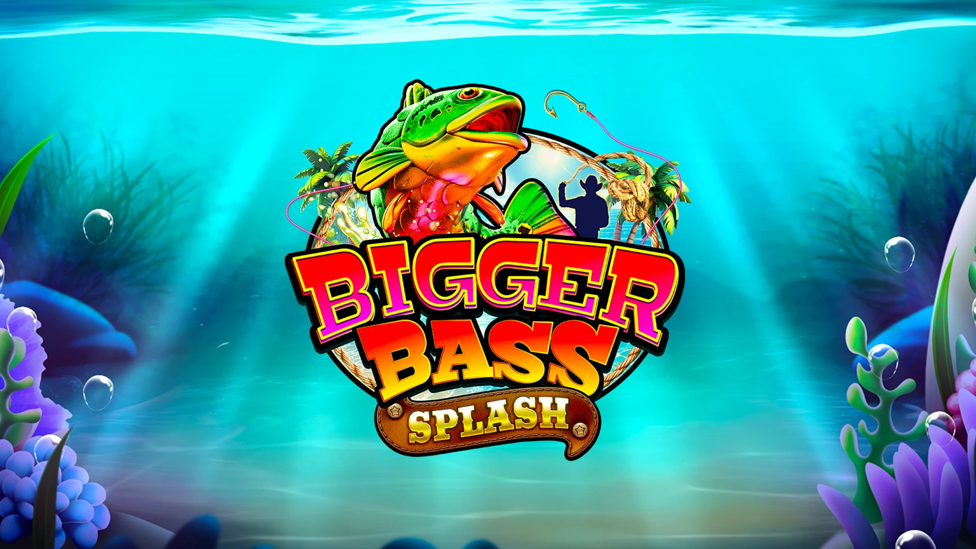 Fiskespön, fiskar och vatten representerar Bigger Bass Splash slot