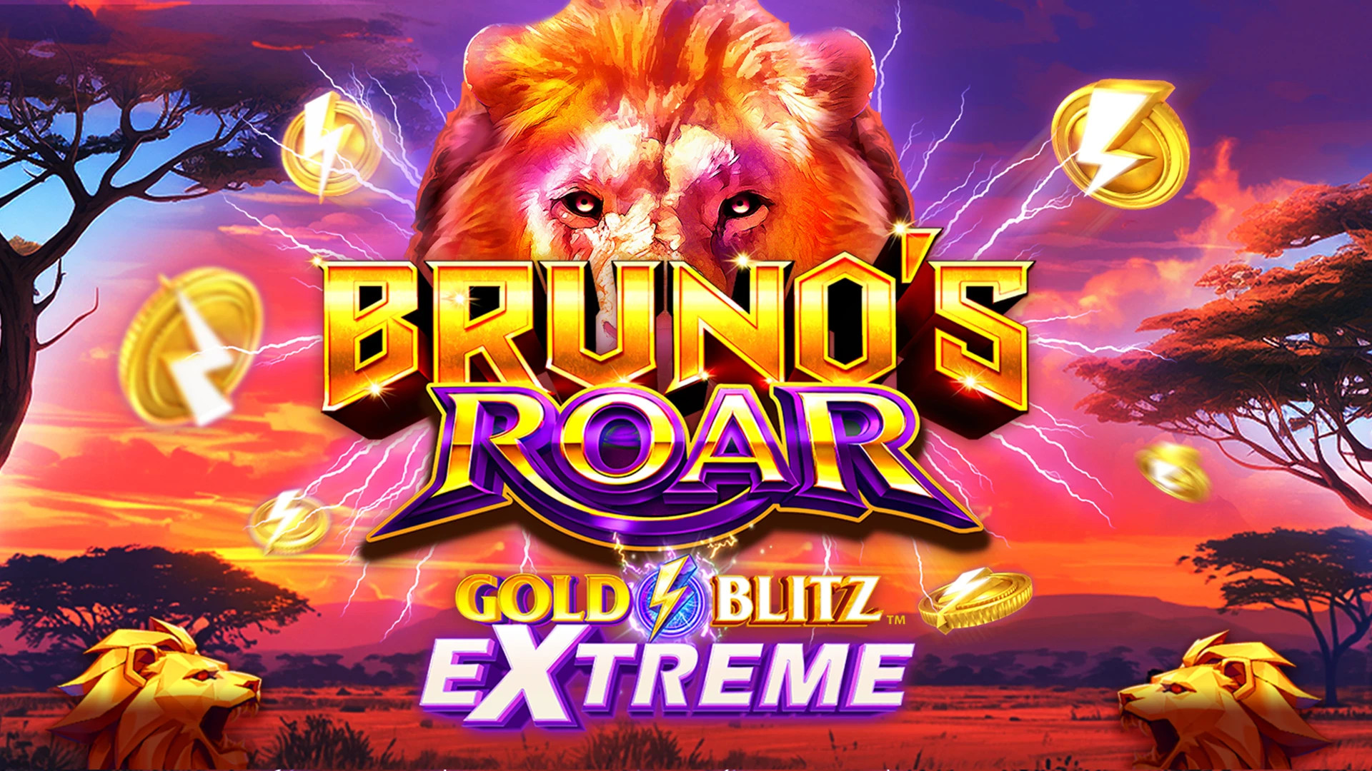 Ett lejon i förgrunden och en savann i bakgrunden, som representerar Brunos Roar Gold Blitz Extreme slot.