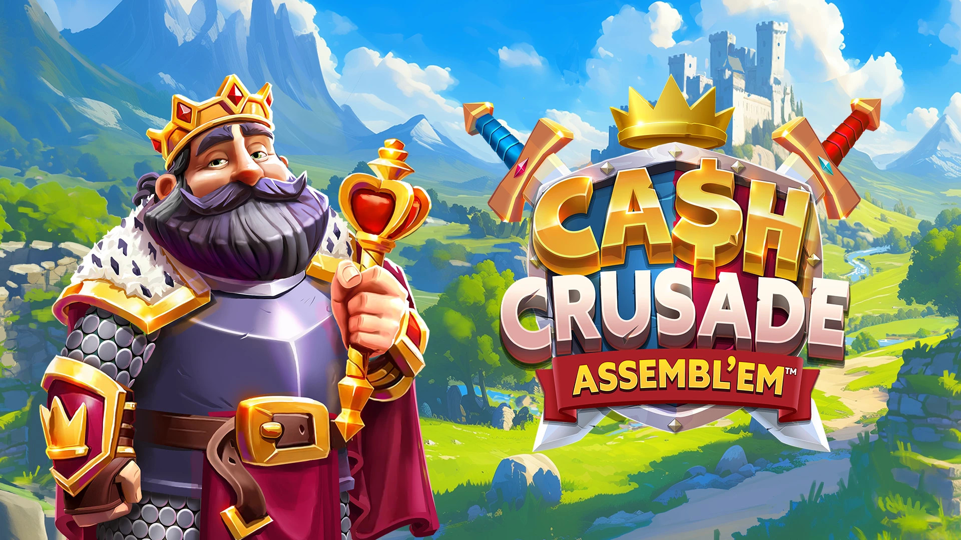 Cash Crusade Assembl'em slot, med en kung i förgrunden och ett slott på en kulle i bakgrunden.