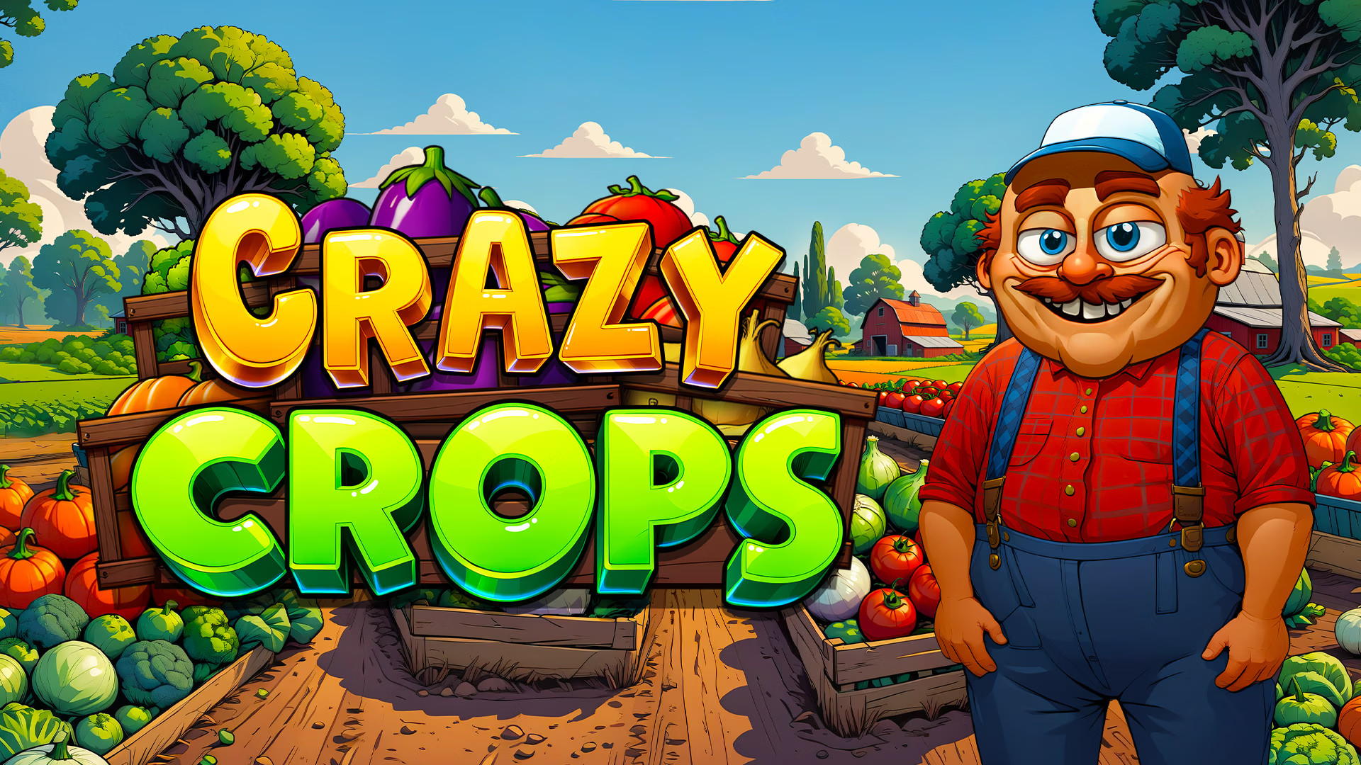 Crazy Crops logotyp med en tecknad bonde och grönsaker på en gård.