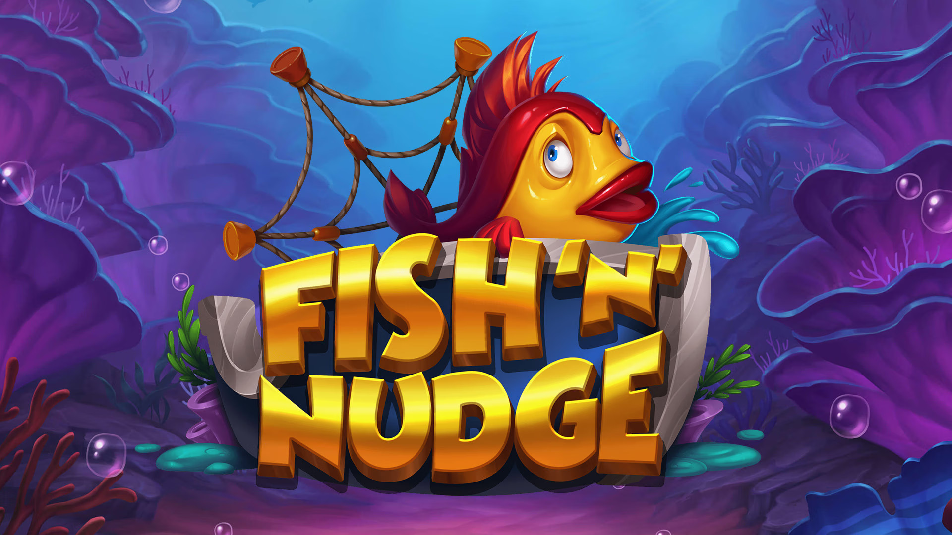 Fish 'N' Nudge logotyp med en animerad fisk i en undervattensmiljö.