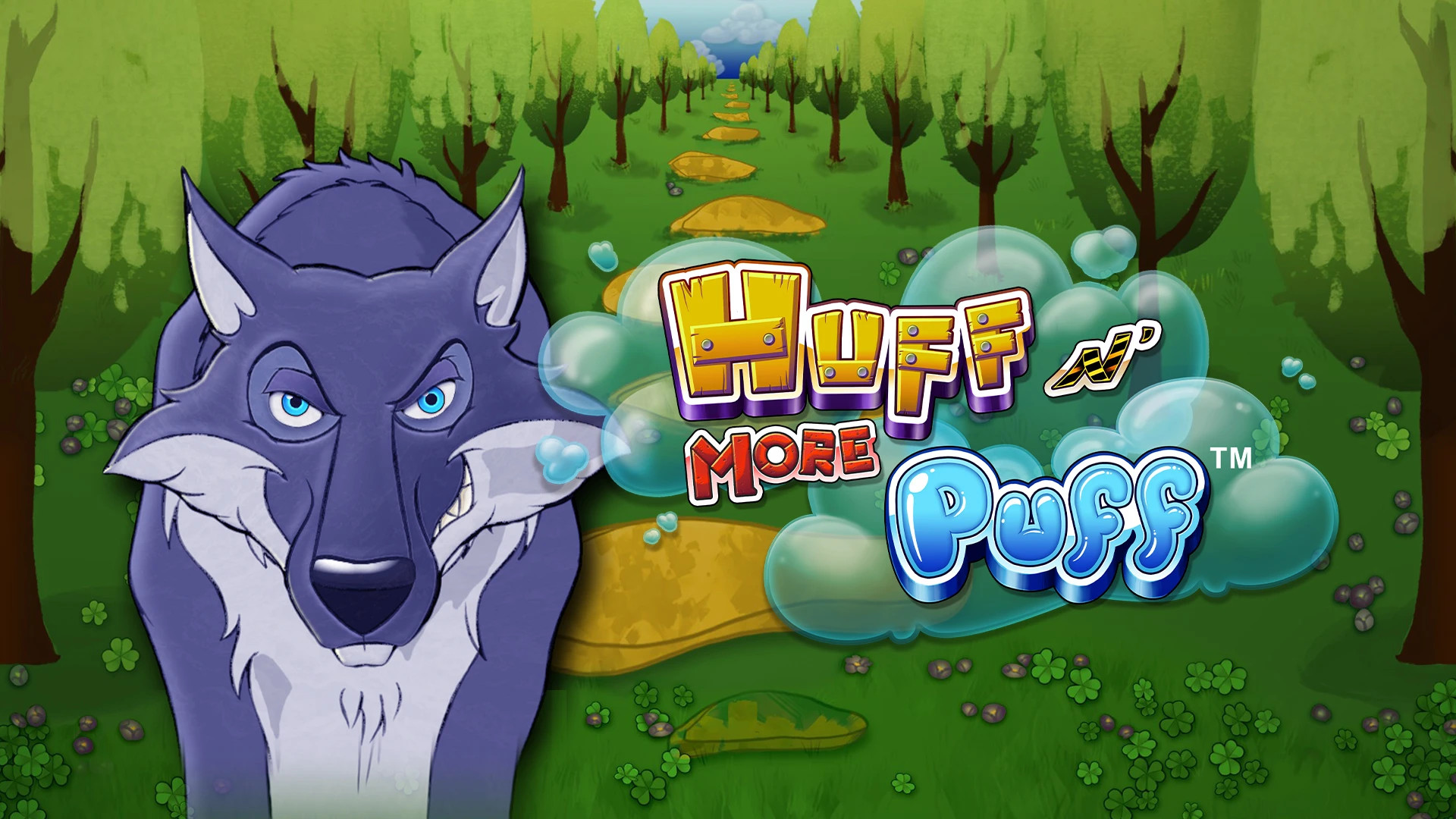 En varg i förgrunden och en skog i bakgrunden, som representerar Huff n More Puff slot