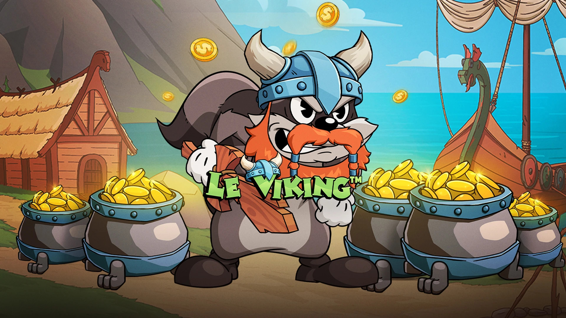 Le Viking slot med karaktären Smokey i vikingautstyrsel, omgiven av guldmynt och vikingaskepp