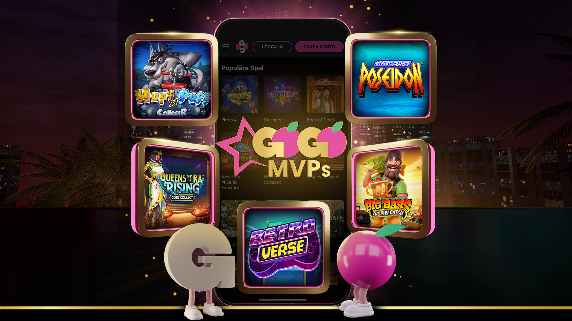 Populära spel på en mobilskärm med spelikoner och GoGoCasino logotyp.