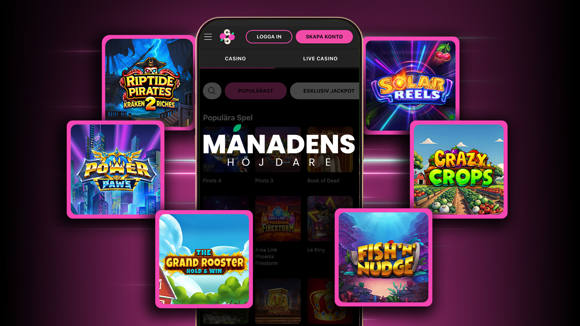 Mobilskärm visar Månadens Höjdare juli 2025, populära slots som Riptide Pirates och Crazy Crops.
