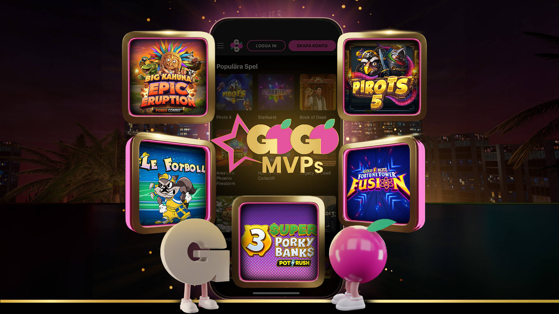 Mobilapp med populära spel som Pirots 5, Super Porky Banks och GOGO MVPs-logotypen.
