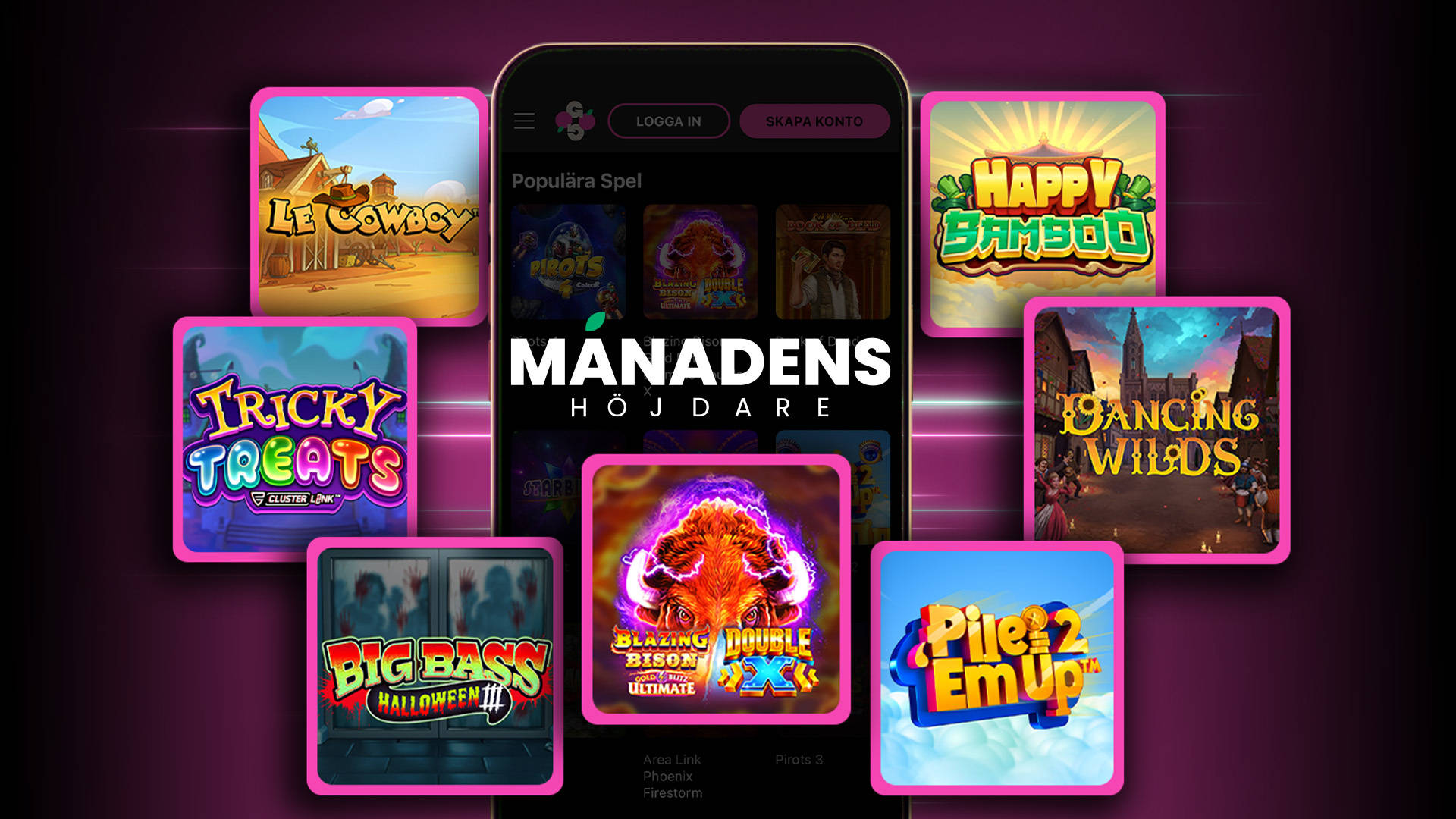 Mobilskärm visar Månadens Höjdare oktober 2025, populära slots som Pile ‘Em Up 2, Le Cowboy och Tricky Treats.