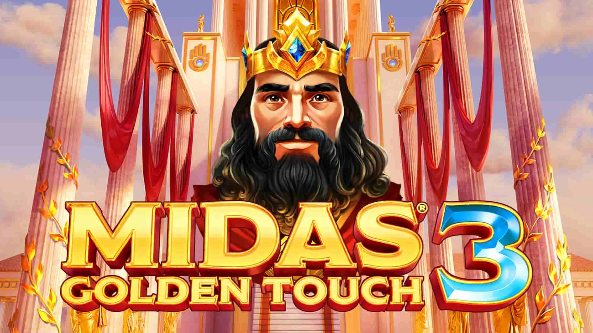 En kung med krona och ett palats i bakgrunden, som representerar Midas Golden Touch 3 slot
