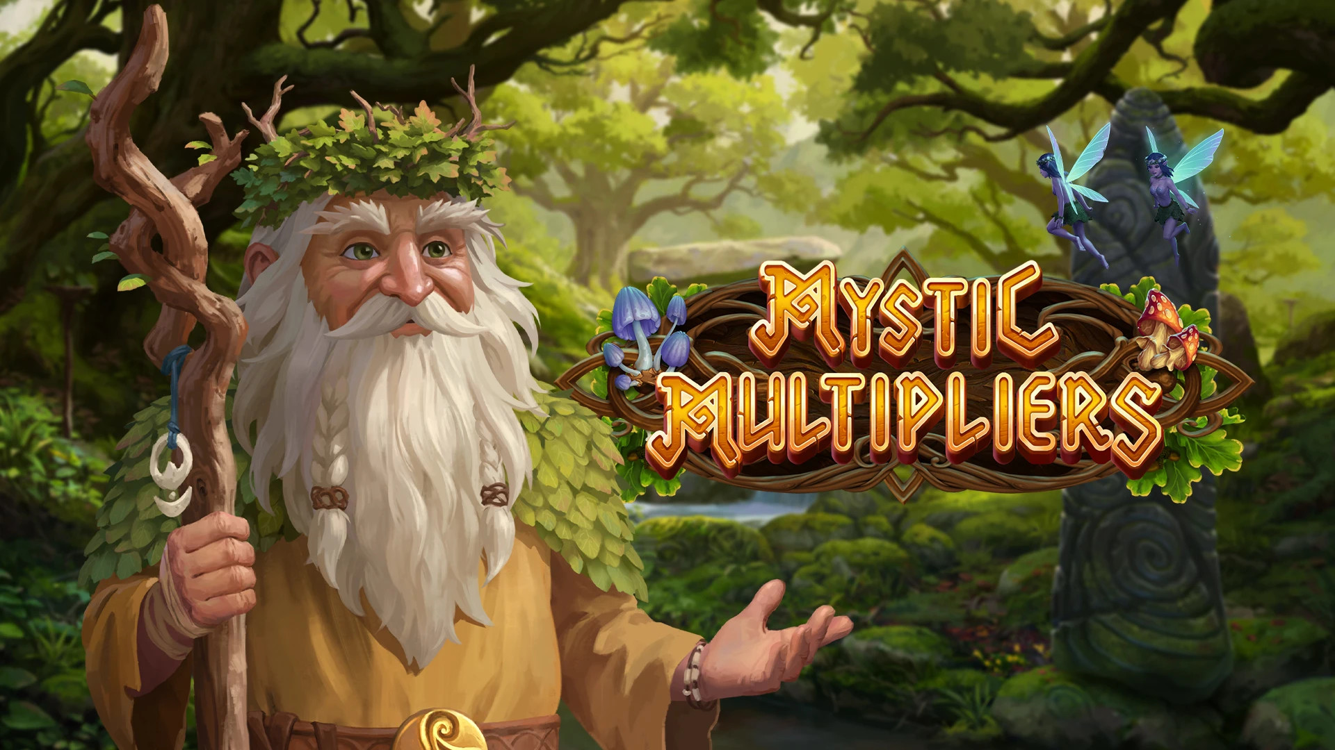 En trollkarl med vitt hår och skägg i förgrunden, och en magisk skog i bakgrunden, som representerar Mystic Multipliers slot.