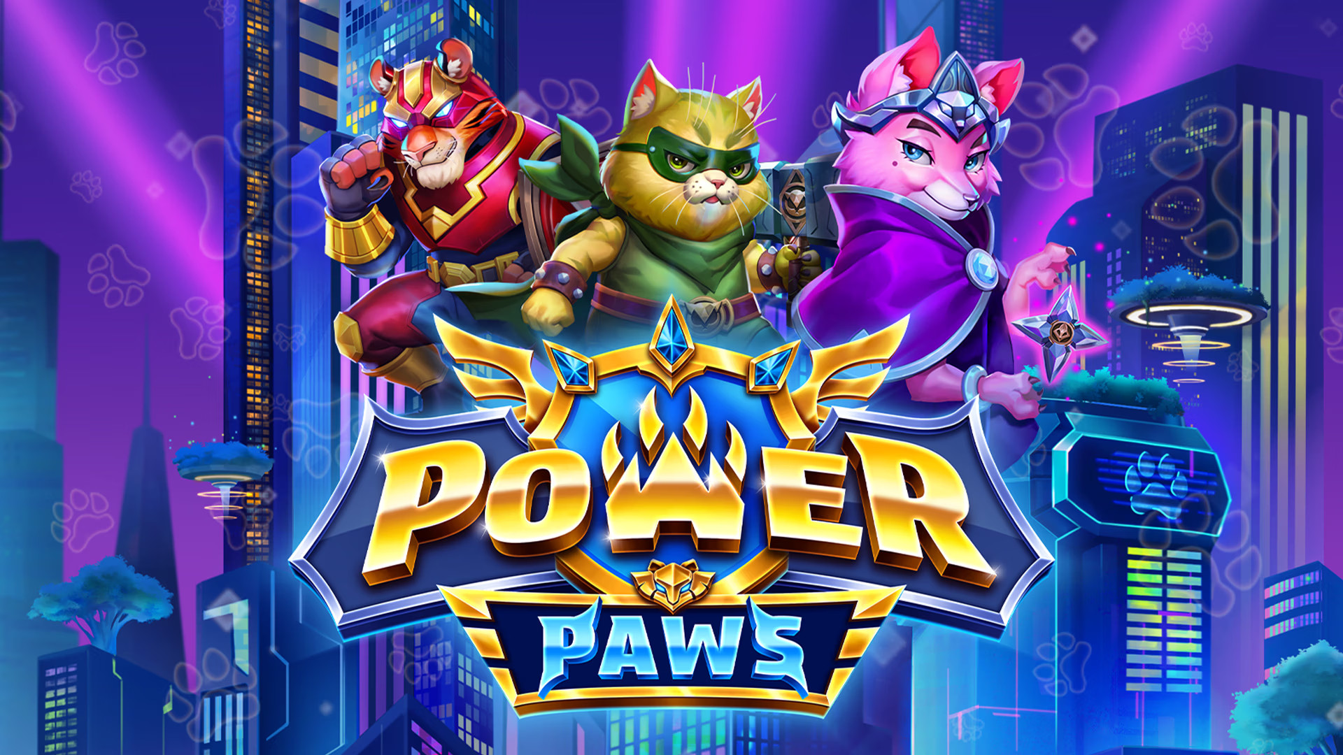 Power Paws logotyp med tre superhjälte-djur i en futuristisk stadsbild