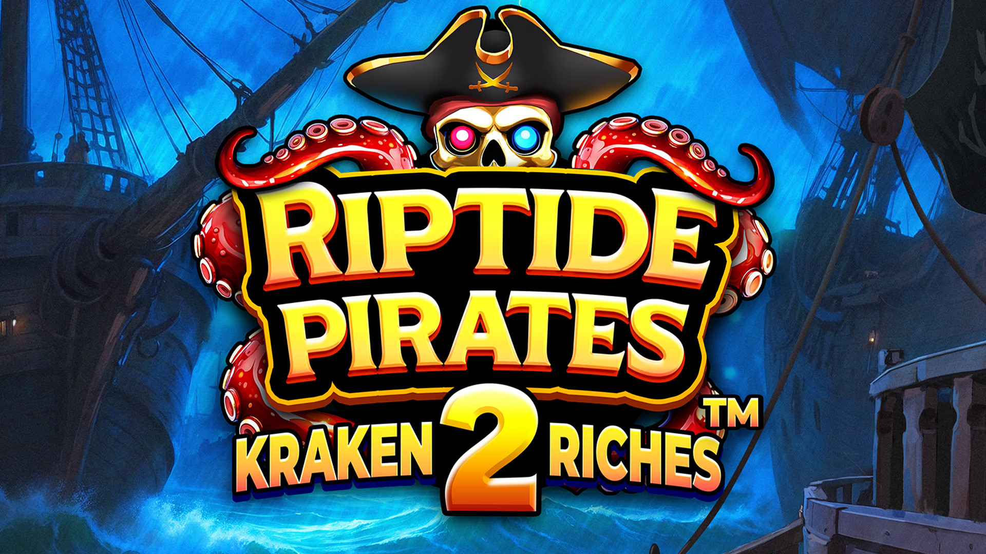 Riptide Pirates: Kraken 2 Riches logotyp med piratskepp och bläckfiskarmar.