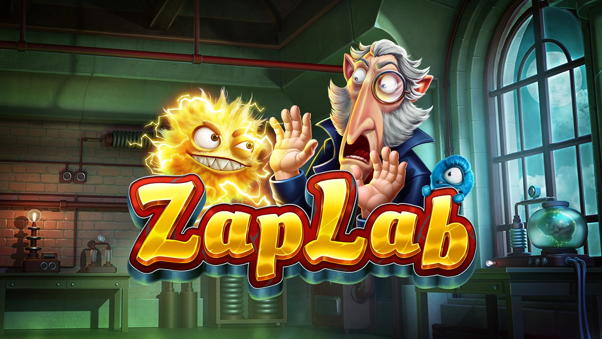 Ett laboratorium i bakgrunden sätter scenen för Zaplap slot
