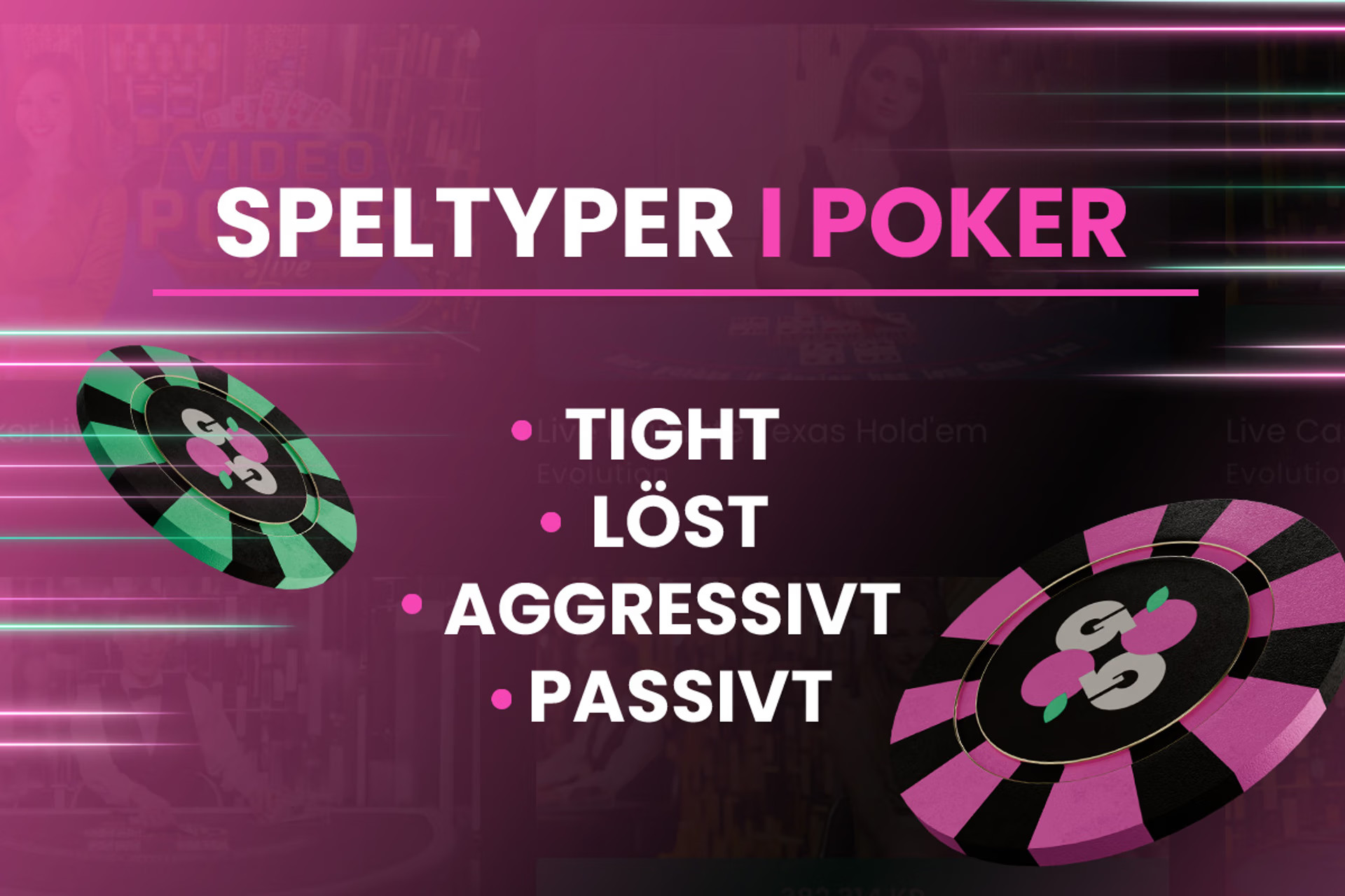 Speltyper i poker: tight, lös, aggressivt och passivt, med casinomarker.
