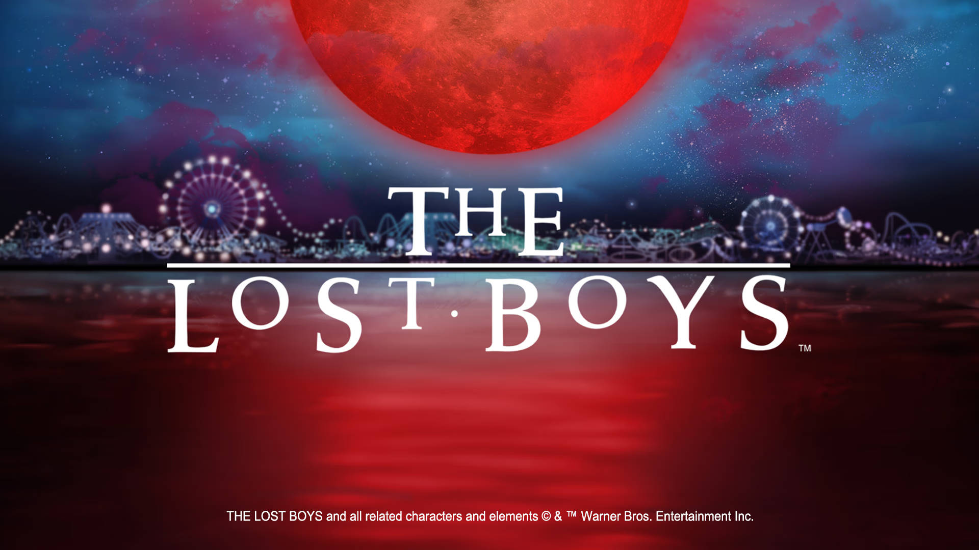 Affisch för "The Lost Boys" med nöjespark i bakgrunden och röd måne.