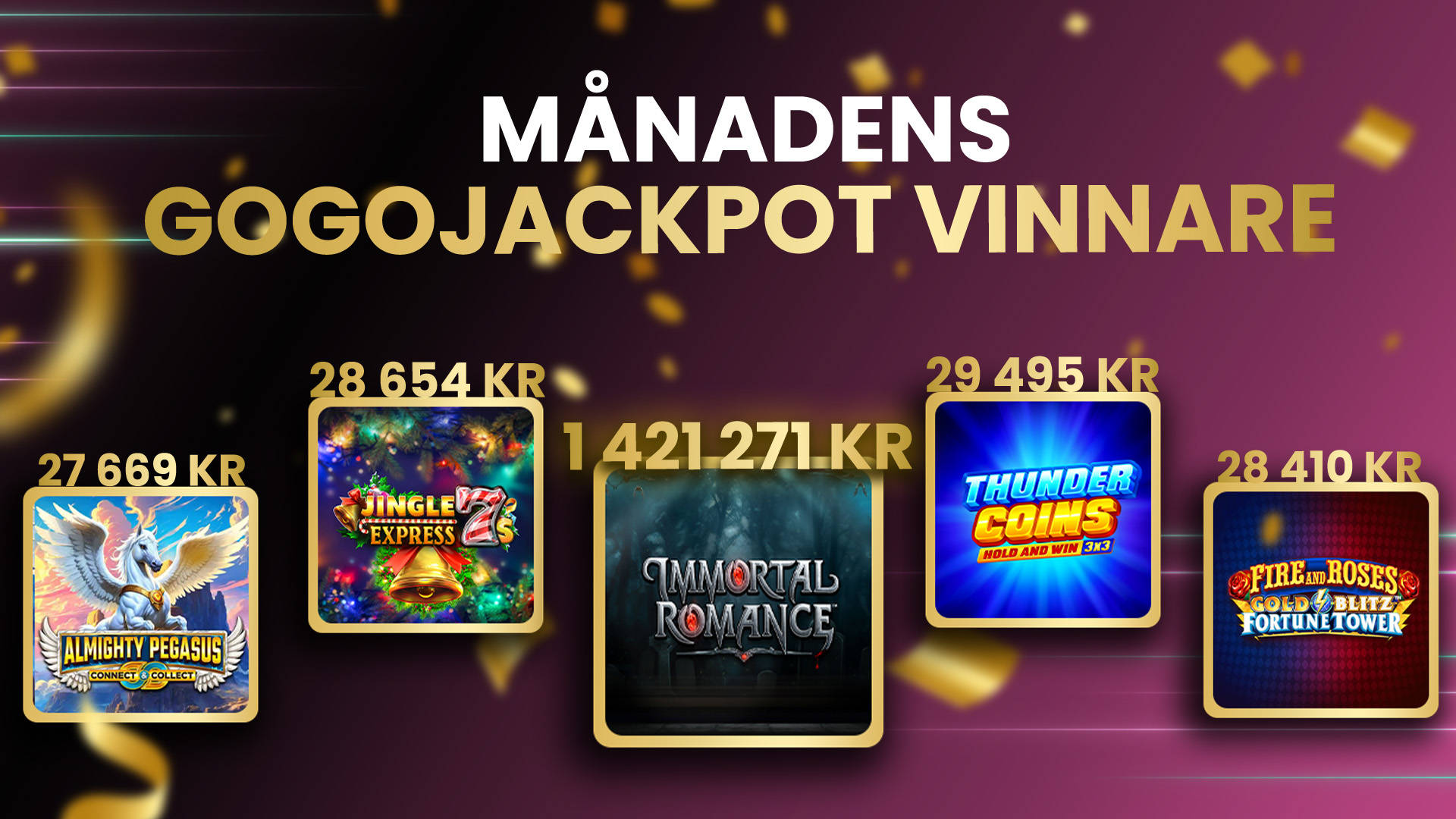 Månadens GoGoJackpot vinnare med spel som Immortal Romance och Almighty Pegasus.