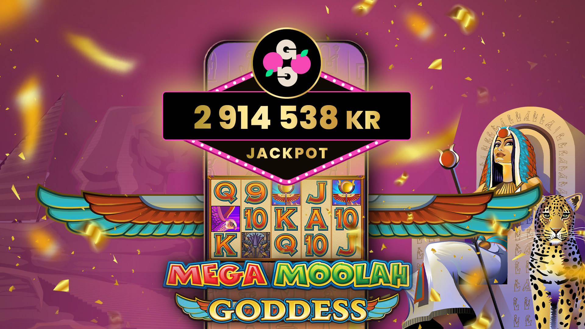 GoGojackpot vinst 2 914 538 kronor på Mega Moolah Goddess.