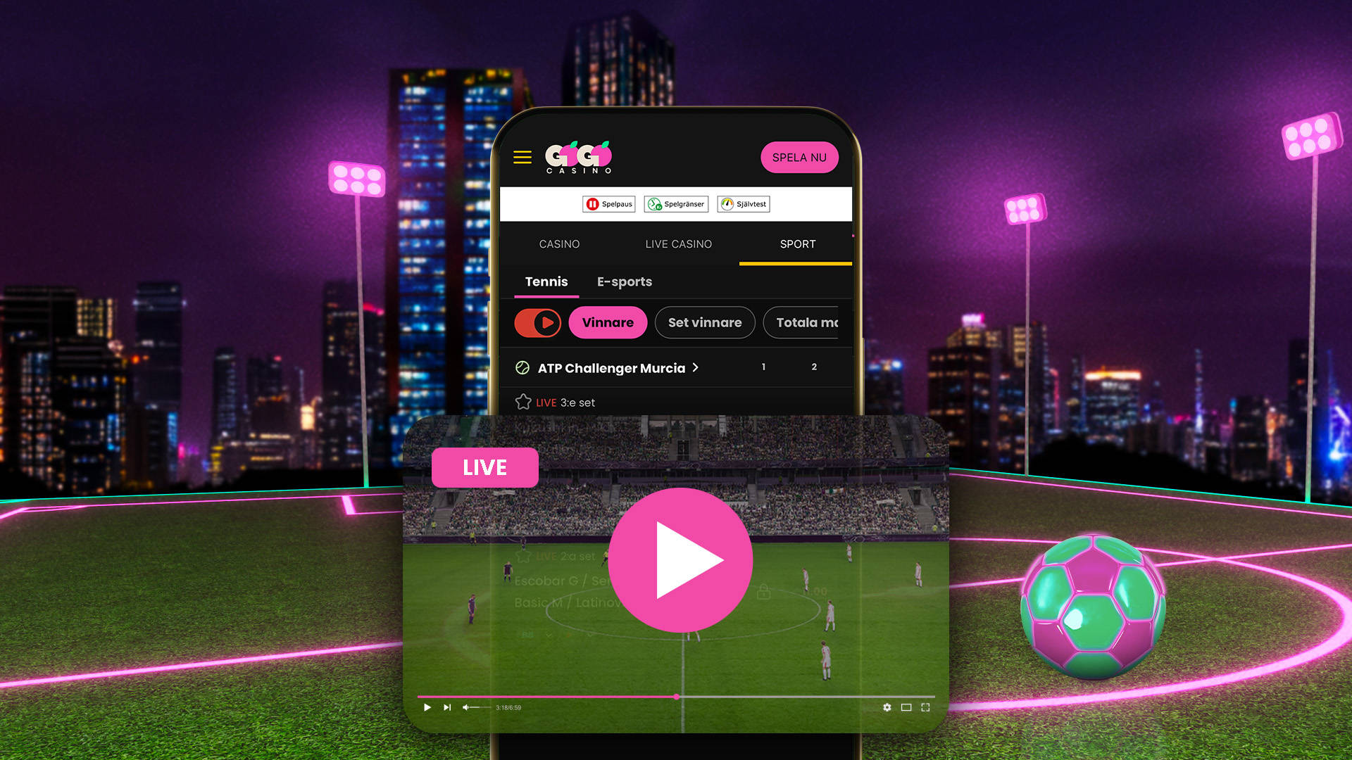 GoGoCasino app med live sport, tennis och E-sport alternativ.